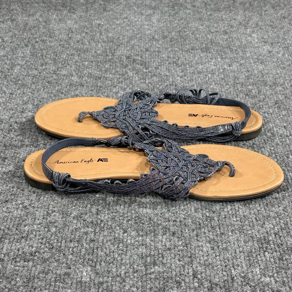 American Eagle Sandals Womens 7.5 Blue Crochet Strappy Flat Slip On Casual